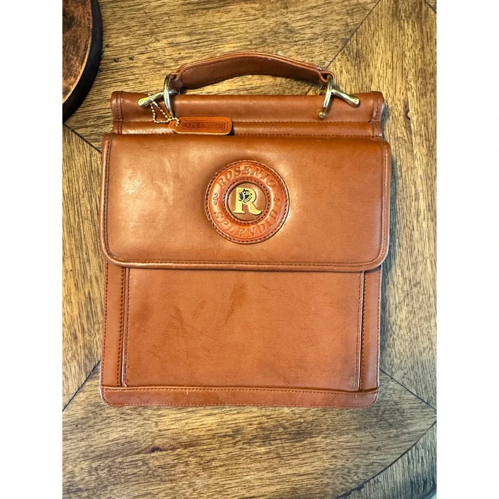 Rosenio Splendid Tan Leather Document Bag Portfolio Case Gold Rose Logo Vintage